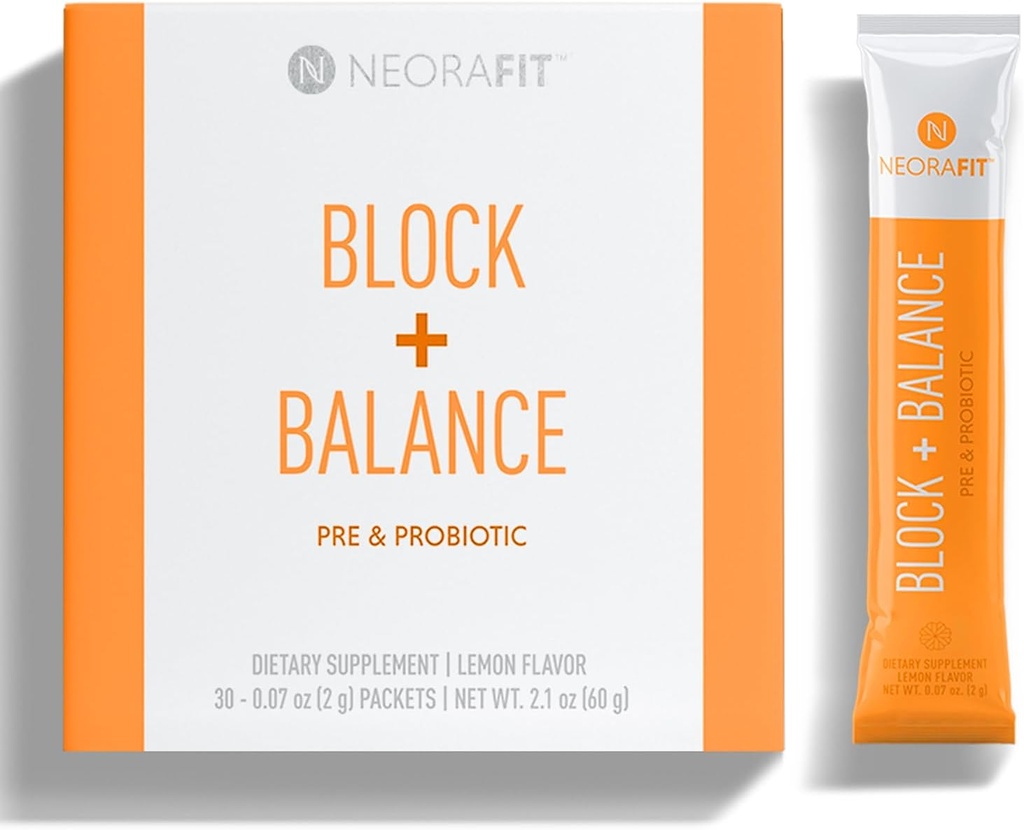 NeoraFit - Block + Balance Pre and Probiotic Powder - Codzienne stosowanie, Wsparcie Craving, Mieszanka witaminy C & B, Wygodne opakowania stick - 30