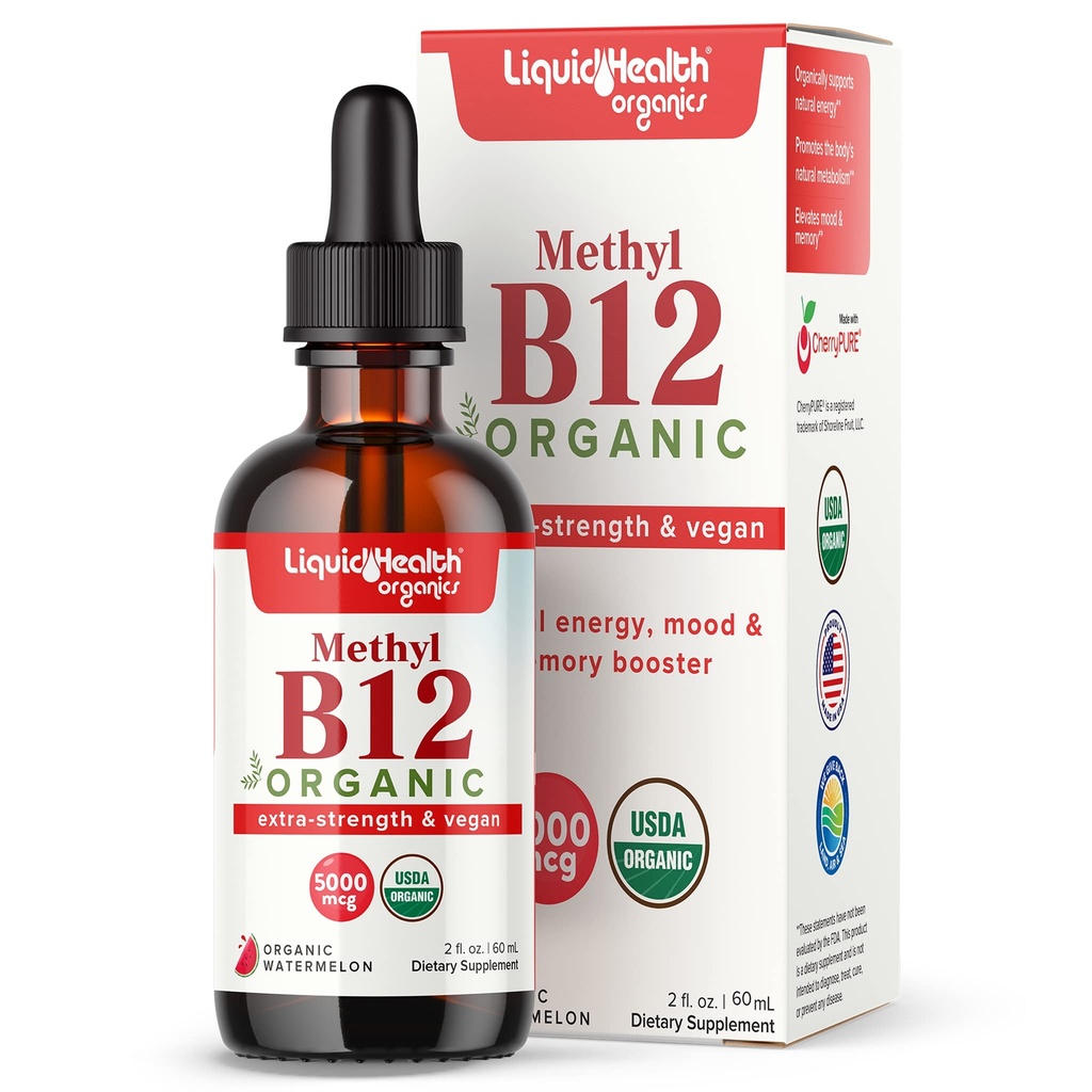 LIQUIDHEALTH USDA organiczna metylowitamina B12 metylkobalamina krople płynne z Tarta sok wiśniowy - Boost Energy, Immune Support, Poprawa pamięci i koncentracji - USA Made, Wegan, Non-GMO (2 oz)