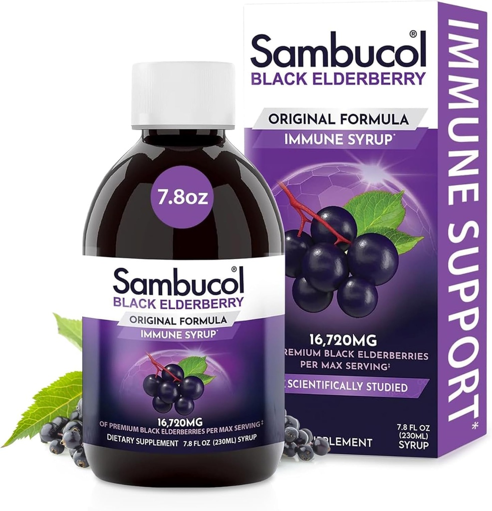 Sambucol Black Elderberry Syrop - Sambucus Elderberry Syrop dla dorosłych Wsparcie immunologiczne, Elderberry Liquid, Elderberry Extract, Gluten Free - 7.8 Fl Oz