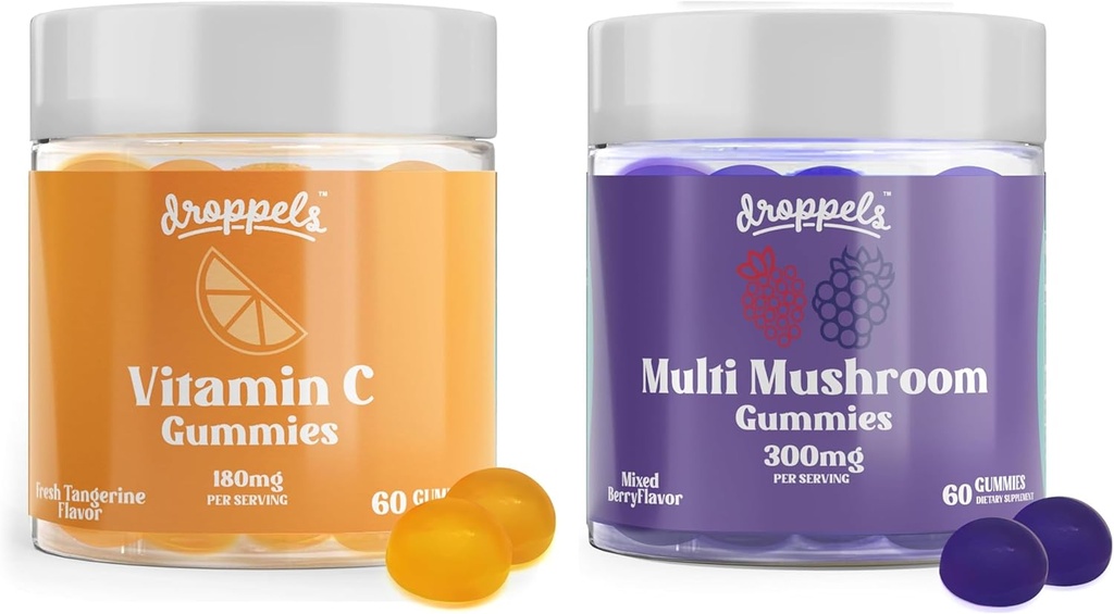 Droppels Multi Mushroom & Witamina C Gummies Bundle 124; Vegan Immune Supplement Supplement Equipment 124; Mushroom Ekstrakty z Reishi, Lwie 's Mane, Chaga & More + 180mg Witamina C Description 124; Mieszane jagody i zapachy tangeriny, 2