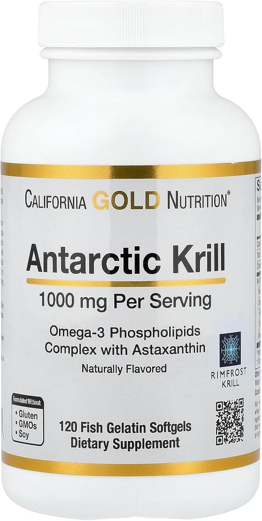 California Gold Nutrition Antarctic Krill Oil, Omega-3 Fosholipidy z naturalnie występującej Astaksantyny, Natural Strawberry & Lemon Flavor, Non GMO, 1000 mg, 120 Fish Gelatin Softgels