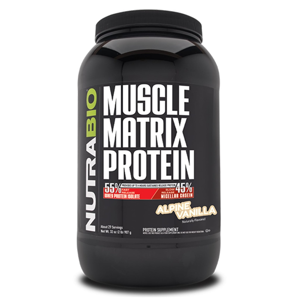 NutraBio Muscle Matrix Protein Powder - 25g protein Per Scoop - Izolacja serwatki i Micellar Casein Combo do szybkiego i wolnego uwalniania - Wanilia - 2 funty, 28 Służenie
