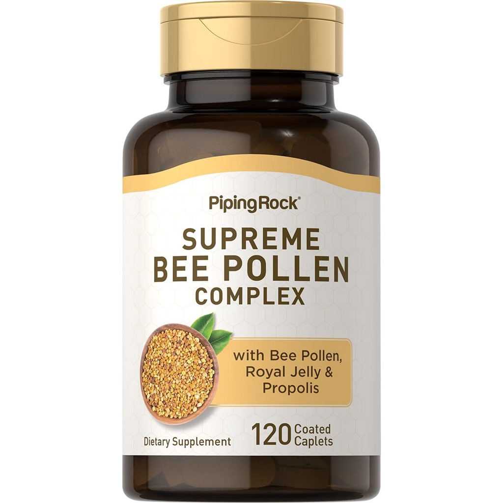 Piping Rock Bee Pollen z Royal Jelly i Propolis 124; 120 Caplets 124; Kompleksowy suplement dla kobiet i mężczyzn 124; Non-GMO, Gluten Free
