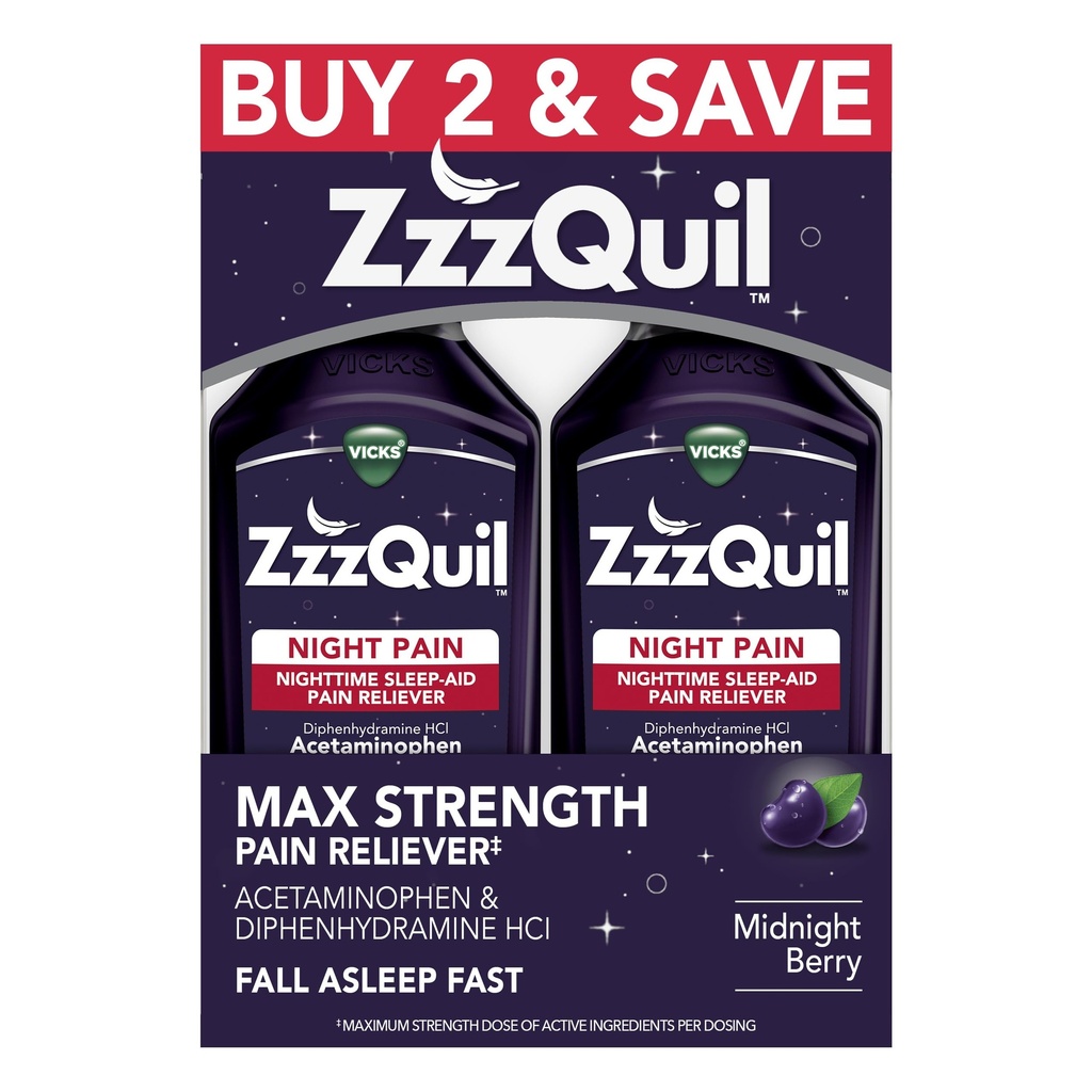 ZzzQuil Liquid, Max Power Pain Reliever, Nighttime Sleep Aid Liquid, Acetaminofen 1000mg, Difenhydramine 50mg HCI, Non-Habit Forming, Midnight Berry Flavored, 2 Pack, 24 FL OZ