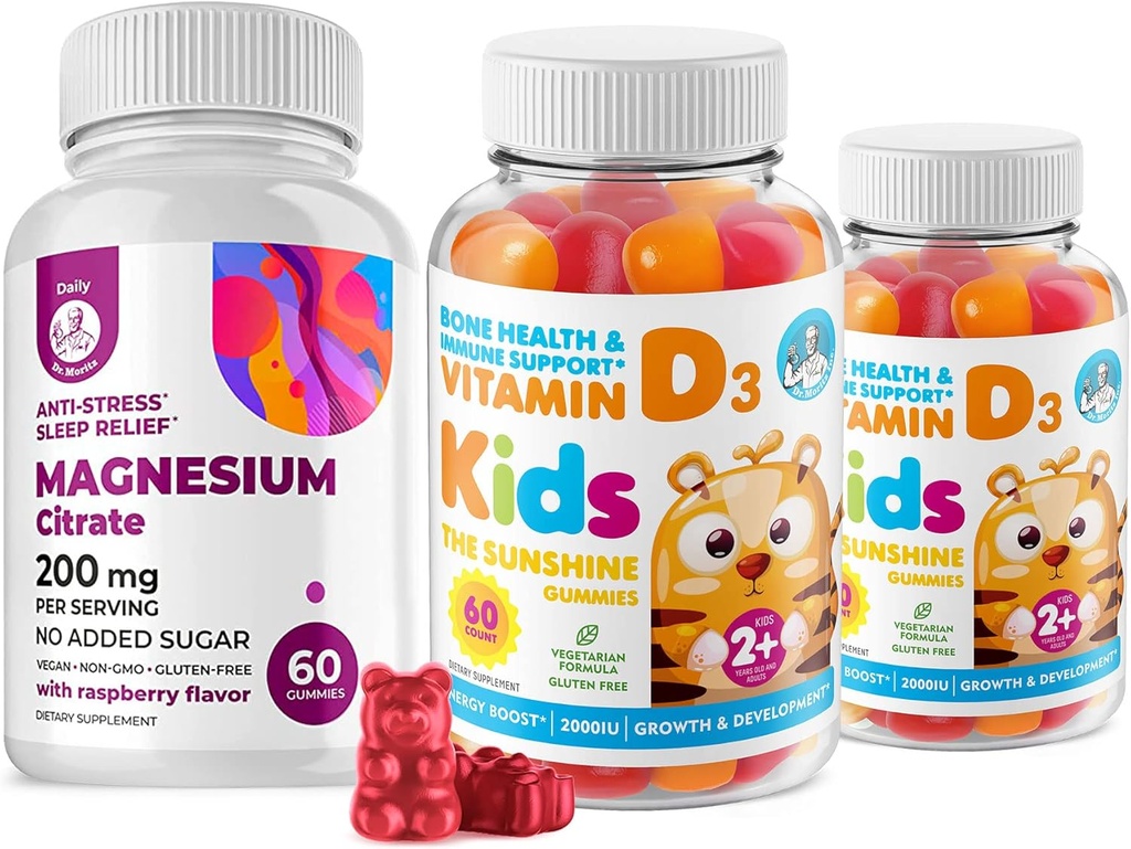 Gumie witaminy D dla dzieci i dorosłych 2000 IU i Gummie magnezu - Zdrowe witaminy D3 Suplementy 1000IU - Żelatyna wegetariańska - Bezimmunologiczne Wsparcie immunologiczne bez cukru Magnezu Spokojne żucia dla dzieci i dorosłych