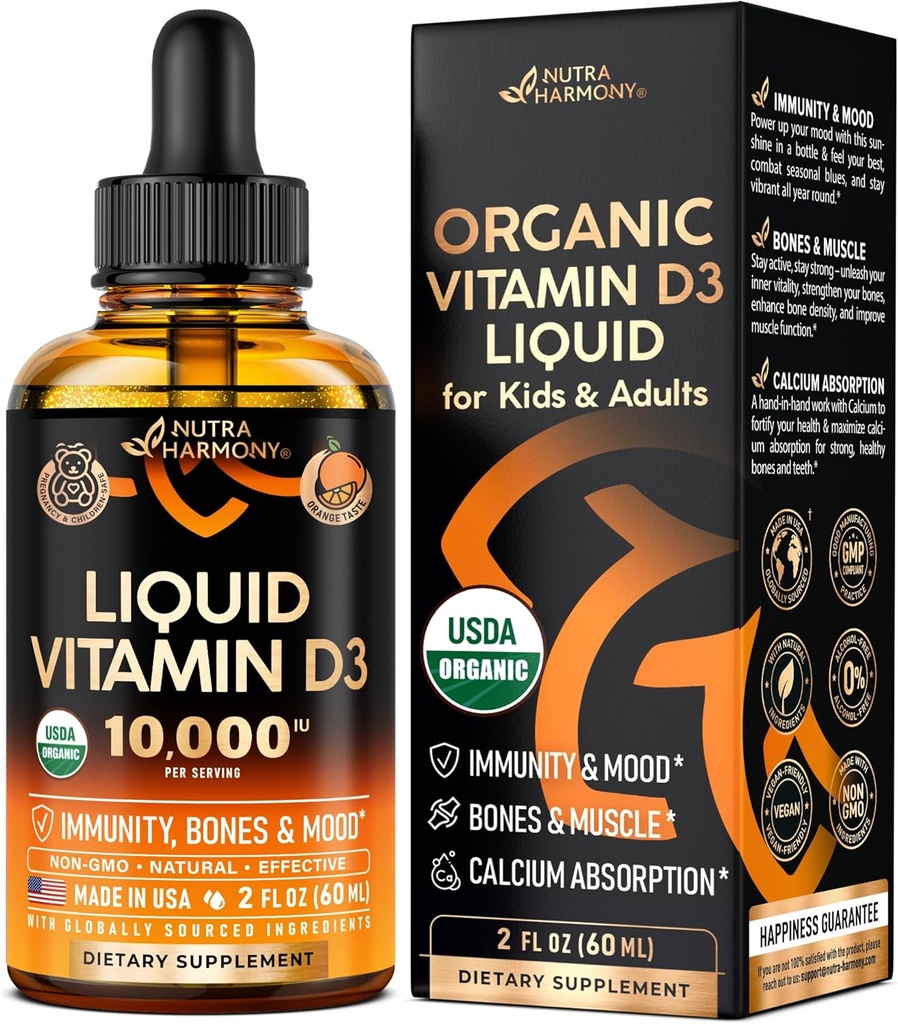 USDA Organiczna witamina D3 10000iu - Witamina D Krople dla niemowląt, Dzieci i dorośli, Ciąża i Dzieci Bezpieczne - System immunologiczny, nastroje, zdrowie kości i wsparcie mięśni - Naturalny smak pomarańczy - 2 fl oz, 60 ml