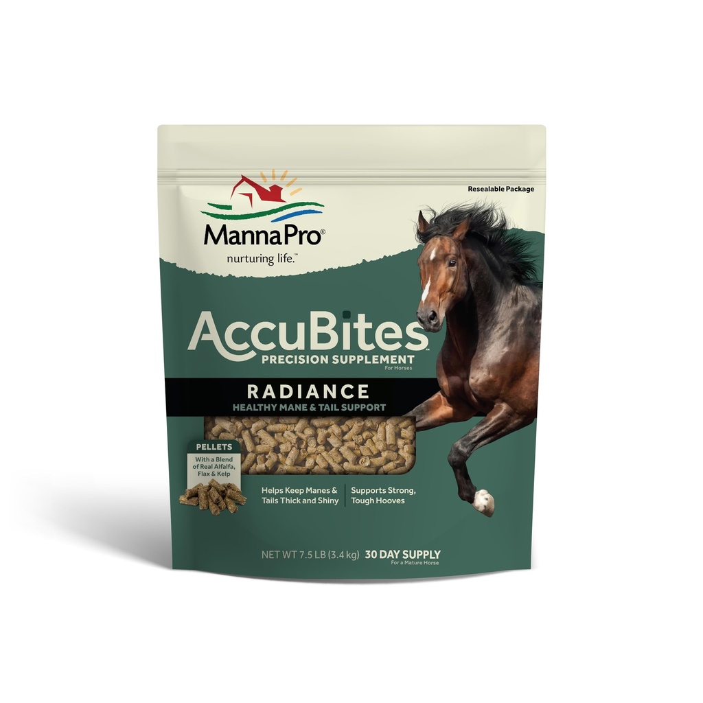 Manna Pro AccuBites Radiance Equine Supplement - Skin & Coat, Esential Vitamin & Hoof Health for Horses - Pakowane Omega 3, 6, & Biotin - Maintenance Main & Tail - Alfalfa Flavored - 7.5 lbs