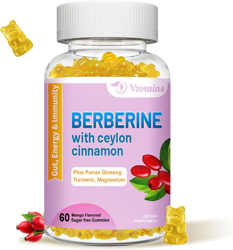 Berberyna z Ceylon Cynamon Gummies, Wysoka potencja Berberyjski suplement HCI, Immune Health Support, 60 Mango Flavored Gummies