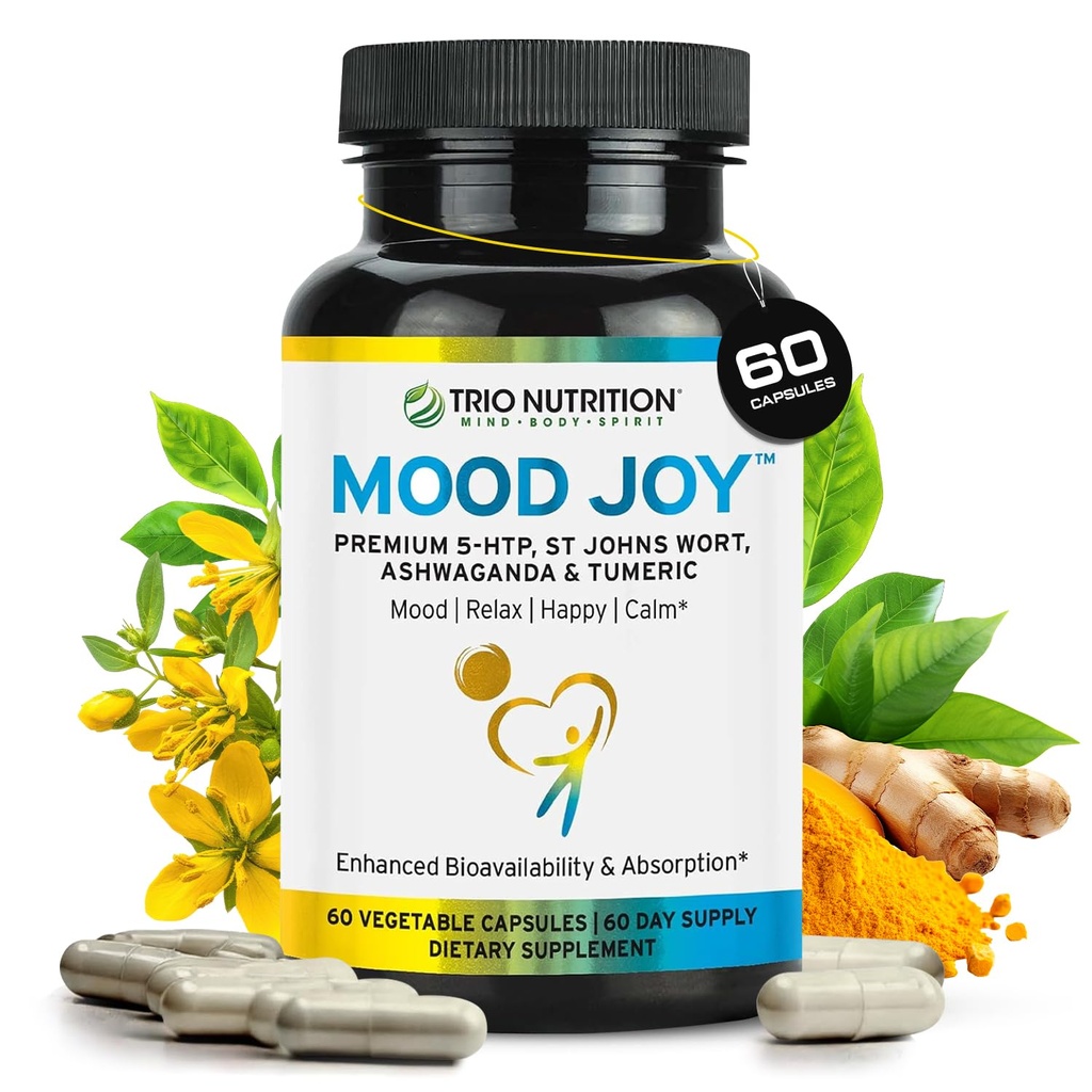 Trio Mood Joy 124; Premium 5- HTP, St Johns Wort, Ashwagandha & Turmeric British 124; Ashwagandha Capsules to Promote Natural Calm & Relaxed Mood British 124; Mood Supplement Supplement Amend124; 60 Day Supply *