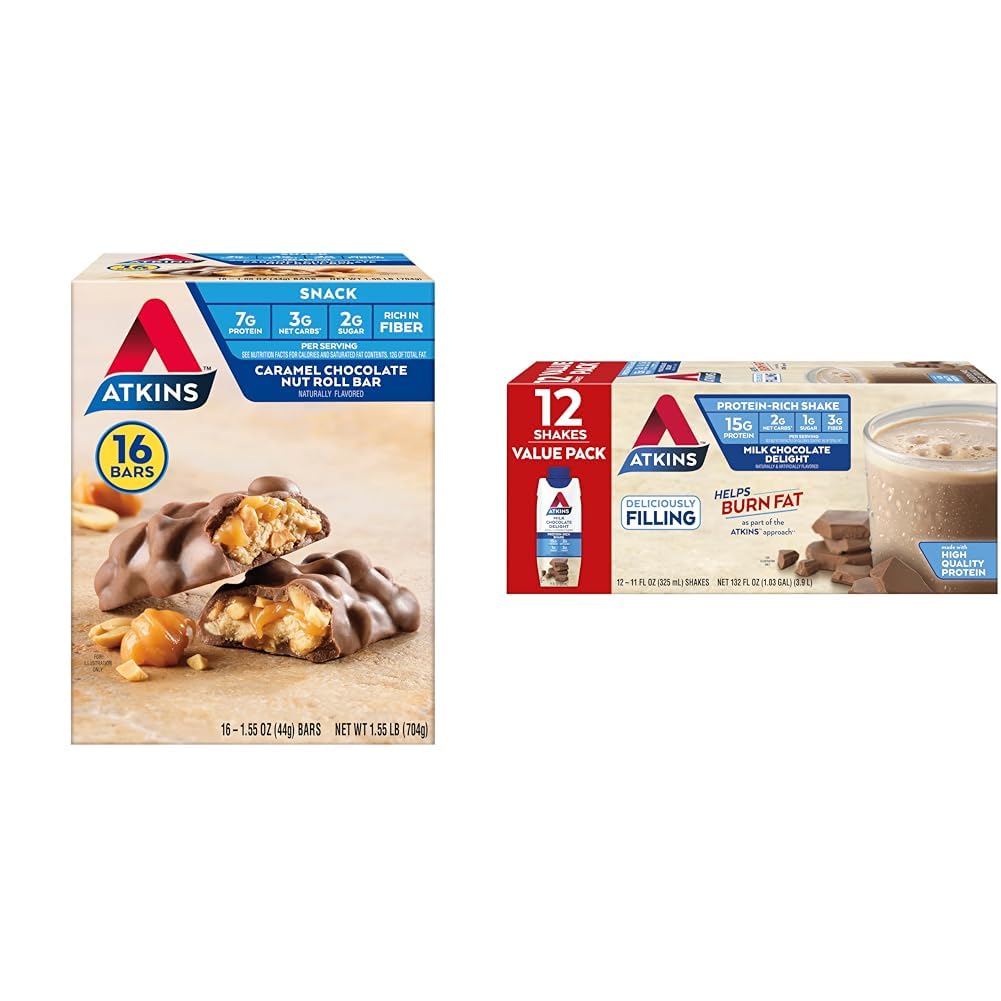 Atkins Karmel Czekoladowy Nut Roll Snack Bar, Przekąski proteinowe, Wysoka w włóknie, 2 g cukru, 16 Count & Milk Czekoladowy Delight Protein Shake, 15 g Białko, Niska Glicemia