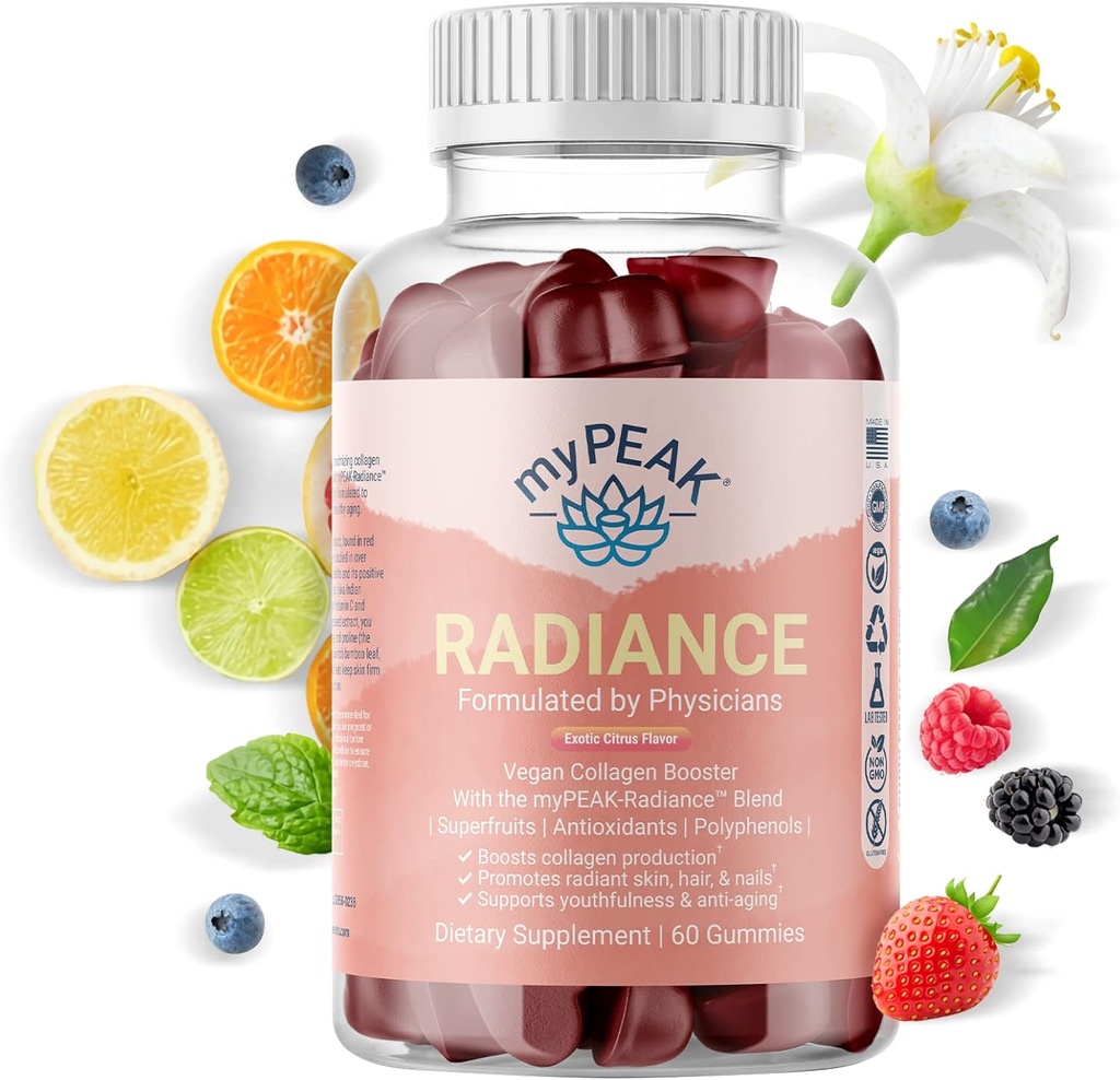 myPEAK Radiance Vegan Colagen Booster i Superfruit Gummies, Kolagen Suplementy z Superfruits i Skin-Enhancing Nutricents, skóry włosów i paznokci Witaminy dla urody, 60 Gummies