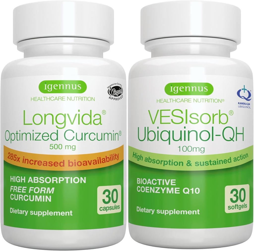 Longvida Curcumin 500mg + VESIsorb Ubichinol- QH Advanced CoQ10 100mg Bundle, Ultra Bioavaible Curcumin with Bioavaible & Fast- Acting Ubichinol, by Igennus