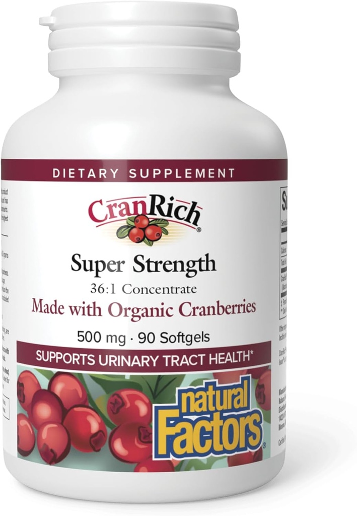 Natural Factors CranRich, Super Strength Cranberry Concentrate, Antioxidant Supplement for Urinary Tract Support, Non-GMO, 90 softgels (90 Servings)