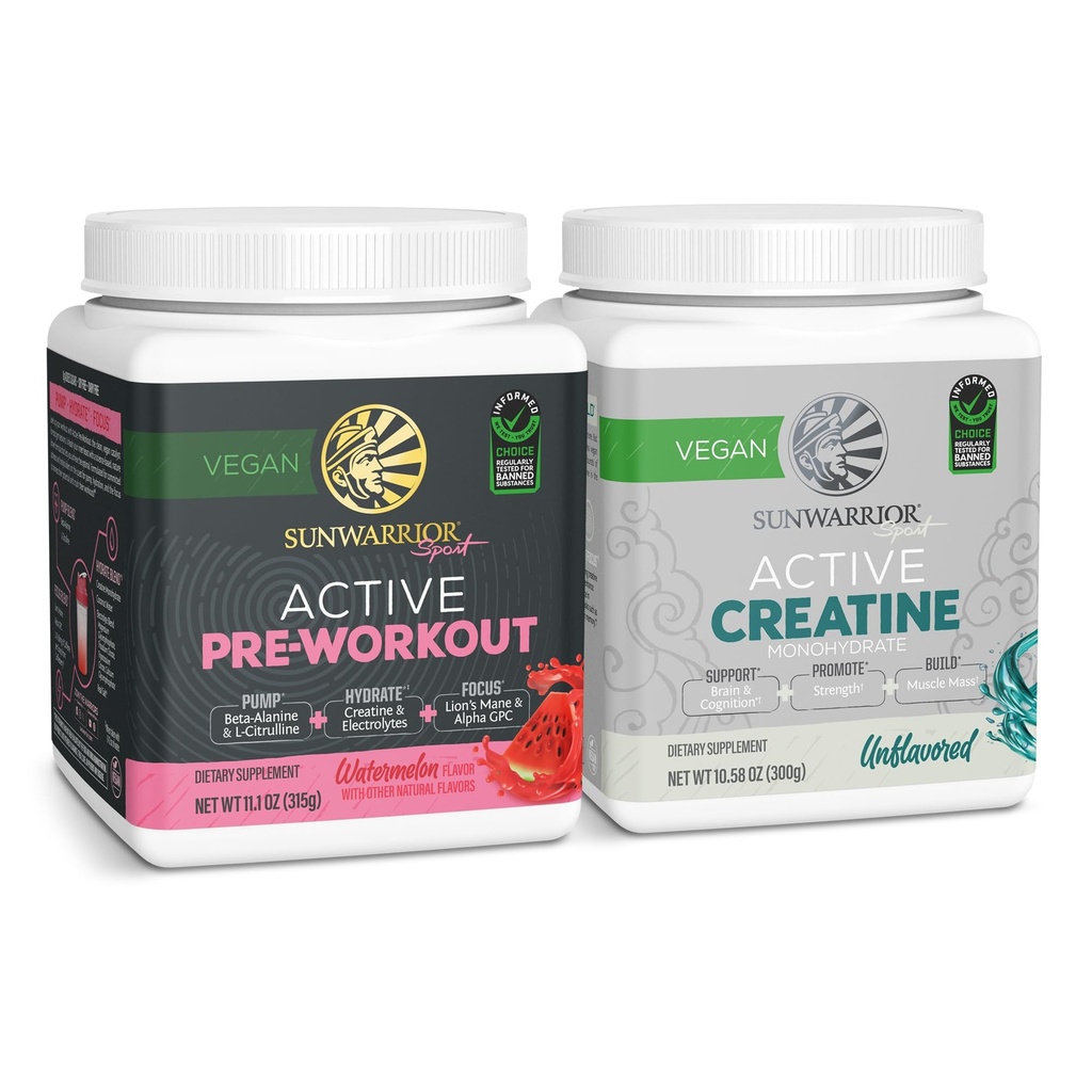 Sunwarrior Pre- Workout Proszek Plant- Based & Wegan 124; 30 Słupki, Arbuz i Kreatyna Monohydrat Proszek