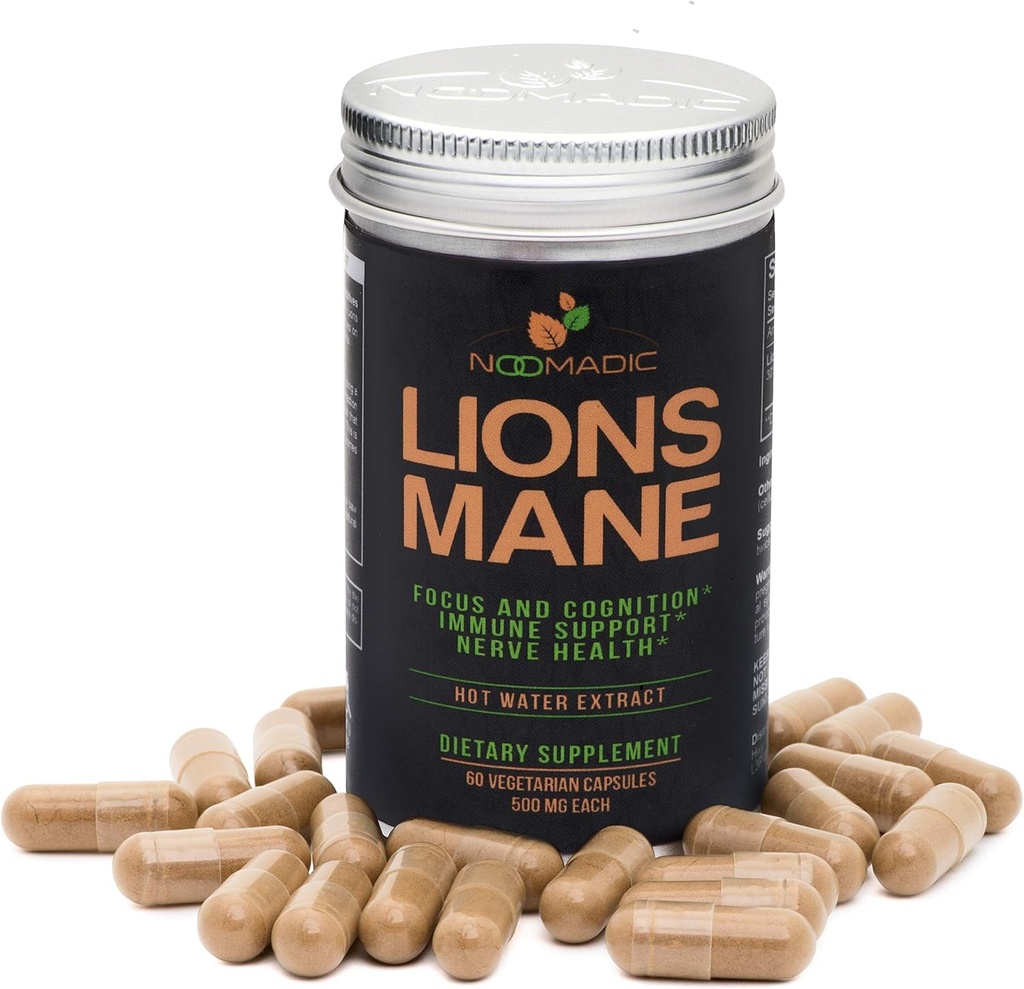 Lion 's Mane Mushroom, 60 Kapsułki 124; 500mg każdy, Nerve Growth Factor (NGF) & Nootropic (Focus, Pamięć, BDNF), Hot Water Extract, Drewno urósł, Fruiting Ciała, 30% Beta-D- Glucans