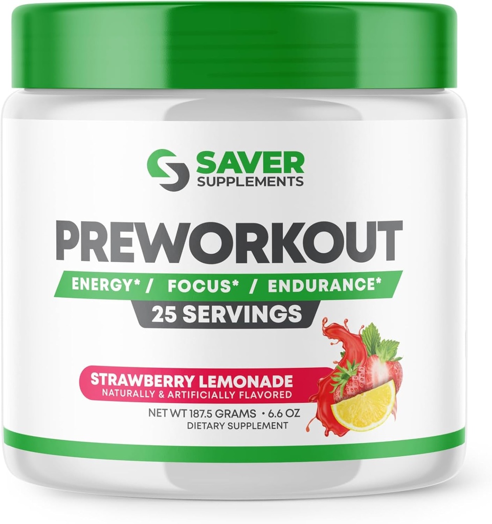 Pre Workout Powder with Beta Alanine, Creatine Monohydrate, BCAA, L Citrulline, L Arginine and Caffeine - Strawberry Lemonade Flavor - 25 Servings