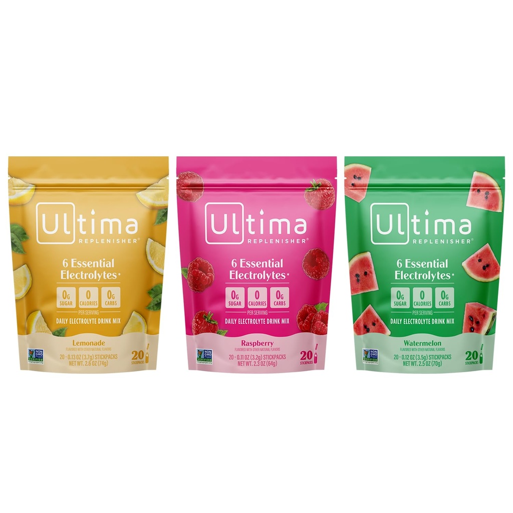 Ultima Replenisher Electrolyte w proszku Mix Bundle - Cukier wolny - Lemoniada i Malina i Arbuz, 20 Stickpack - 6 Electrolytes and Minerals - Keto Friendly, Wegan, Non-GMO
