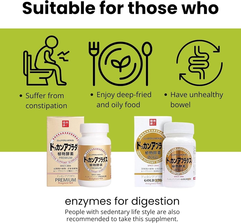 Natural Digestive Enzymes & Herbal Digestive Enzymes Fiber Supplement for Women, z 39 roślin & 7 Ziołowych mieszanek dla energii & Metabolizm Wsparcie, Złoto 150 Tabletki, z Japonii, 2 EA