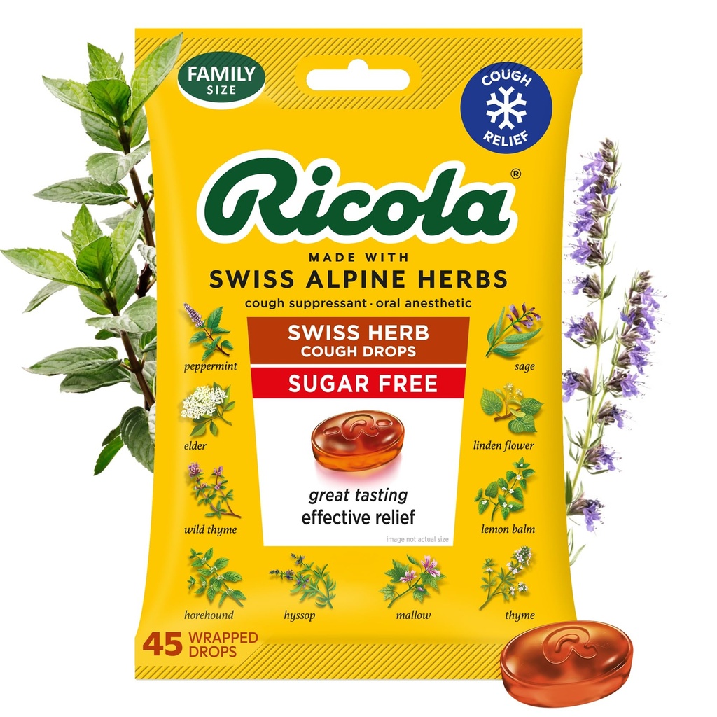 Ricola Sugar Free Swiss Herb Cough Drops, 45 Count, Cough Suppressant & Throat Relieving Drops z naturalnie sourced Menthol, Smak smakowy dla Kaszle i Gardło Iritation Symptom Relief