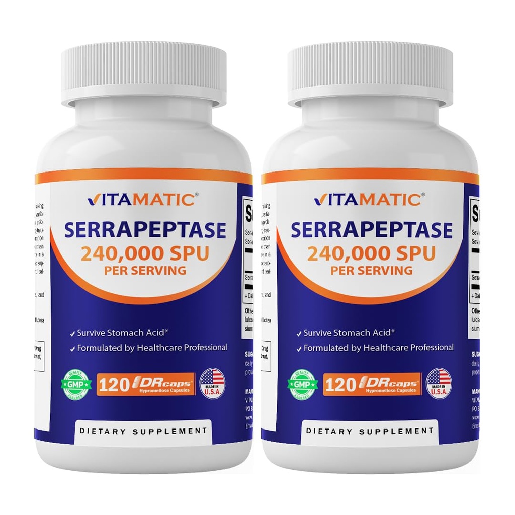 Witamatyczna serrapeptaza 240.000 SPU Serrapeptaza, 120 Opóźnione uwalniane kapsułki - Enteric Coated - Non-GMO- Made in The USA (120 Hrabia (Pack of 2))