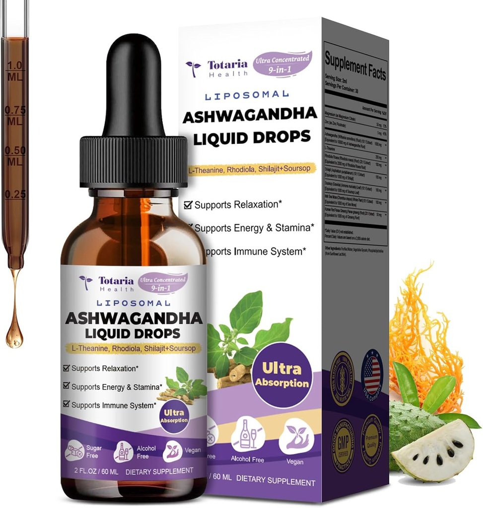 Totaria Liposomal Ashwagandha Liquid Drops, Ultra Siła Ashwa Root Extract Supplement with Shilajit, Ginseng, Magnez, Soursop, L- Theanine, 60ml