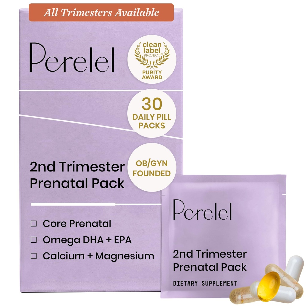 Perelel 2nd Trimester Prenatal Pack, Multiwitamina z Magnezu, Omega 3, Żelazo i Wapń, Wsparcie odżywcze dla drugiego Trimester Wellness, Soy & Gluten Free, Nie GMO, 30 Daily Pill Packs
