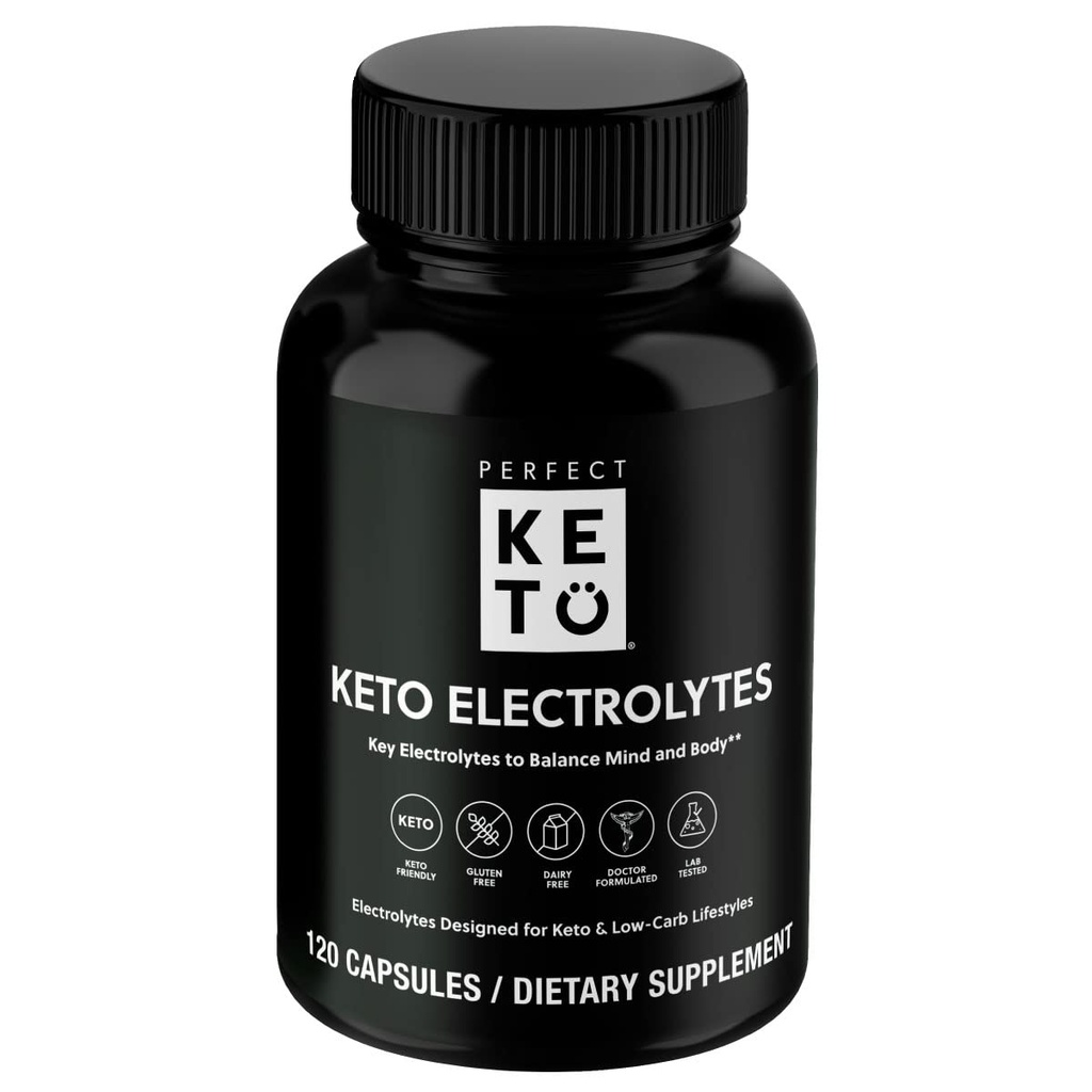 Kapsułki Perfect Keto Electrolytes, Gluten Free, Suplement Electrolyte z magnezem, Wapń, Potas i Sód, Nawodnienie, Energia, Odzysk i Wsparcie immunologiczne, Unflavored, 120 Służenia