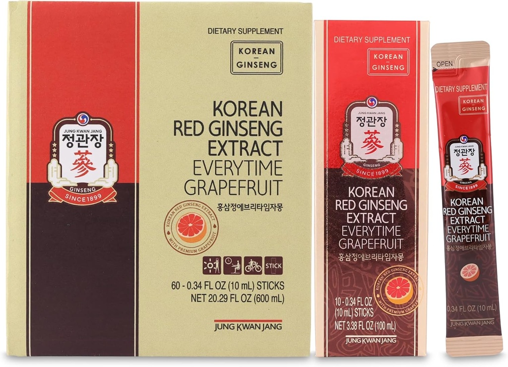 JUNG KWAN JANG Koreański czerwony Ginseng Extract Everytime Grejpfrut 1000mg Bilans 124; Suplement Ginseng, Suplement Enegy, Koreański Food Bilans 124; Kofeina Free, Gluten Free, Energia Boost, Przeciwutleniacz 124; 60 Hr
