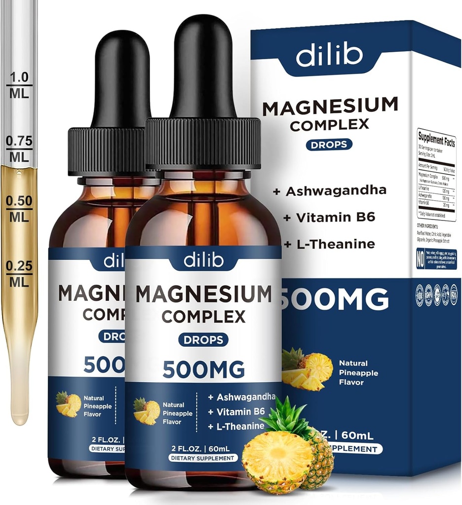 Magnezu glicynian krople płynne 500mg - Triple Magnezu Complex Suplement z cytrynianem, jabłkiem, Ashwagandha, L- Theanine, Witamina B6 do snu, Stress Relief, Mięśnie, Ananas Flavor 4 Fl Oz