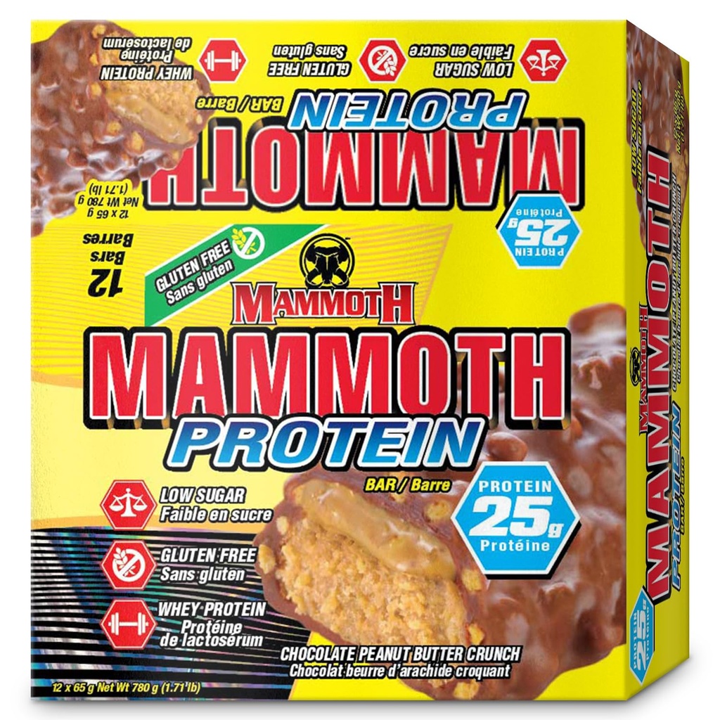Baton proteinowy MAMMOTH, Chrupka z masłem orzechowym czekoladowym, 25 g Białko, Niski cukier, Niskie węglowodory, Gluten Free, 12 x 65g (12 hrabiego) (Chrupka z masłem orzechowym czekoladowym) (12 hrabiego, Chrupka z masłem orzechowym czekoladowym)
