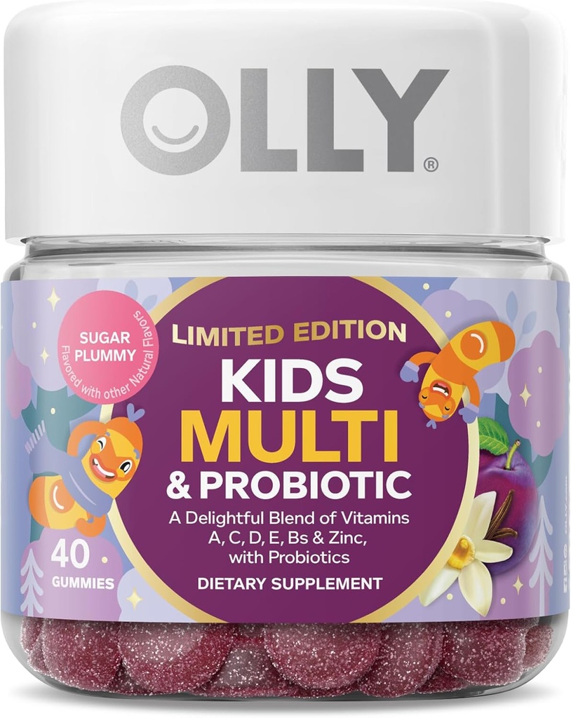 OLLY Kids Multivitamin & Probiotic, Limited Edition, Digestive Support, Vitamin A, D, C, E, B, Cynk, Suplement do żucia, Sugar Plummy - 40ct