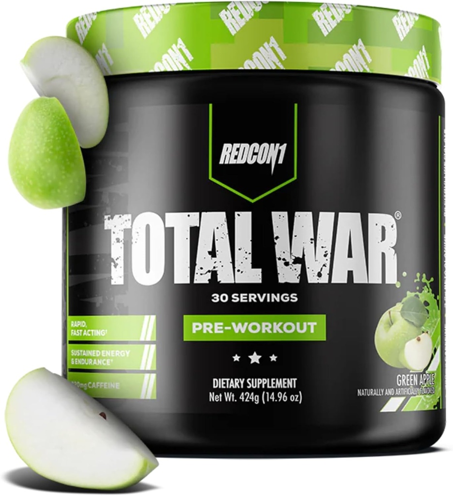 REDCON1 Total War Pretrecout, Zielone Jabłko - Szybkie reagowanie Caffeined Wstępny trening dla mężczyzn + Kobiety z Beta Alanine - Zawiera Citrulline Malate dla zwiększonej pompy, Przepływ krwi (30 Sług)