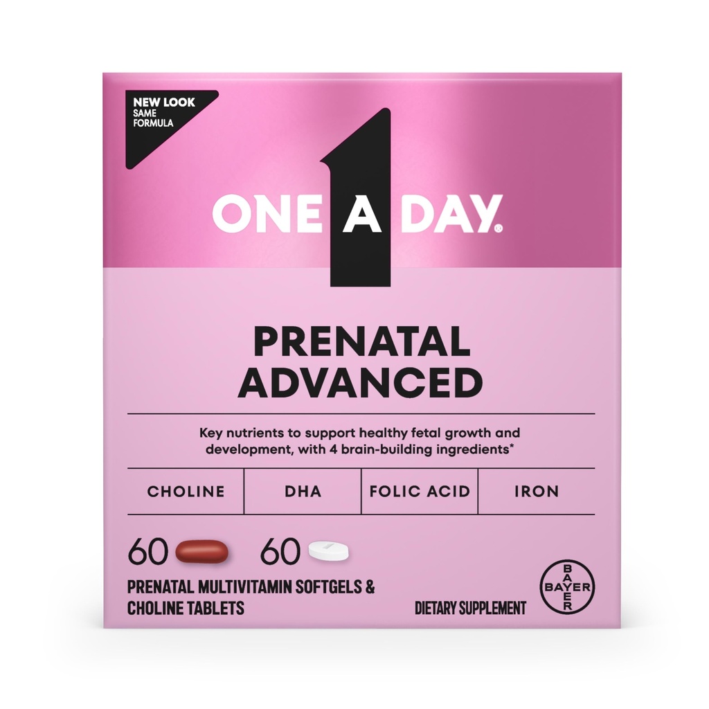 One A Day Prenatal Advanced- Prenatal Vitamins with Folic Acid, Choline, DHA & Iron, Pregnancy Vitamins for Women to Support Baby’s Development, 60+60 Ct (120 Total Set) (Packaging May Vary)