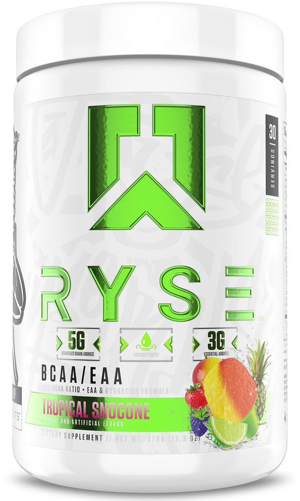 RYSE BCAA EAA Proszek - Tropikalny Snocone - 5g Rozgałęzione Acidy łańcuchowe, 3g Esential Aminos, Bezcukrowe elektrolity do Pre & Post Workout Odzysk mięśni, Hydration and Strength - 30 Służenia