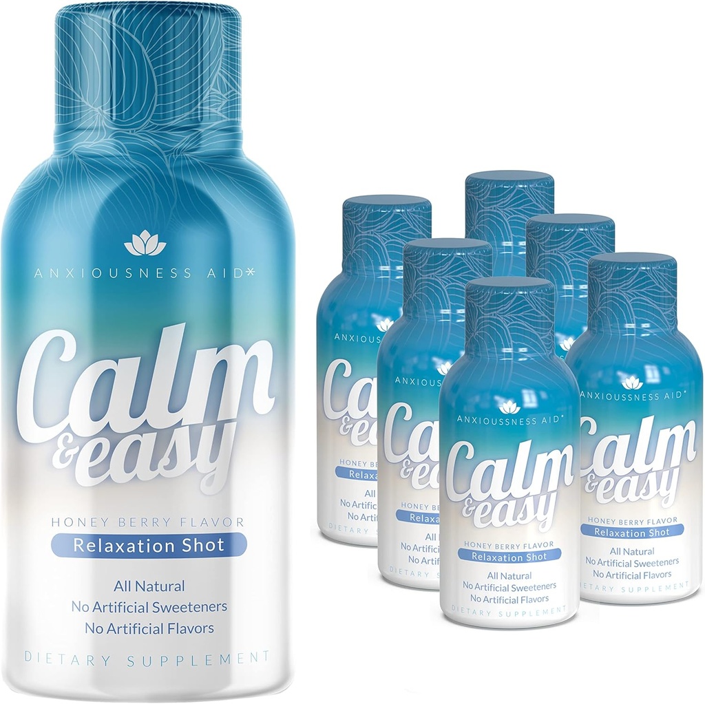 Calm & Easy - Natural Stress Relief Shot, KSM-66 Ashwagandha, Suntheanine L Theanine, Calming Adaptogen Drink, Relaxation, Focus, and Mood | 2 oz Liquid Bottle (6 Pack)