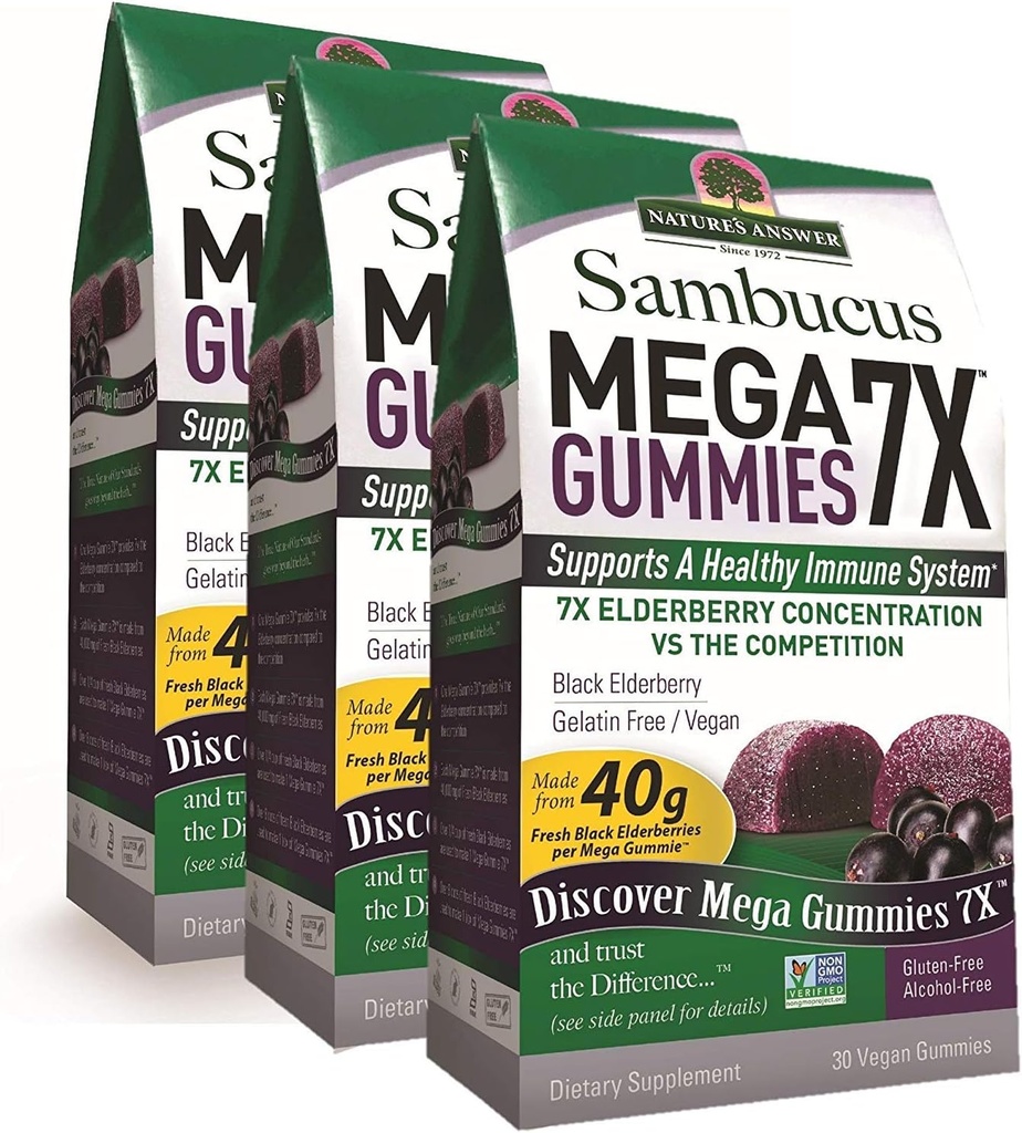 Odpowiedź natury Sambucus Mega Gummies diecezja 124; 7X Więcej Koncentracja Elderberry 124; Alkohol-Free, Gluten- Free, Żelatyna-Free, Wegan, Non-GMO & Brak środków konserwujących
