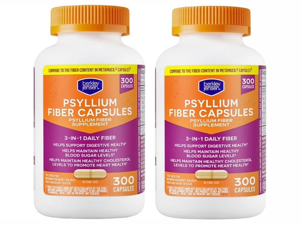 Berkley Jensen Daily Psyllium Husk Supplement (600 - Count), Natural Fiber for Men & Women - Fiber Capsules for Total Digestive Health, Easing Zaparcia, Pomoc Wchłanianie składników odżywczych, Made in USA