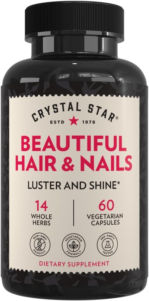 Crystal Star Beautiful Hair & Nail Supplement (60 kapsułek) - Herbal Supplement wspomaga grubsze włosy i paznokcie - Horsetail, Nettle & Alfalfa - Non-GMO