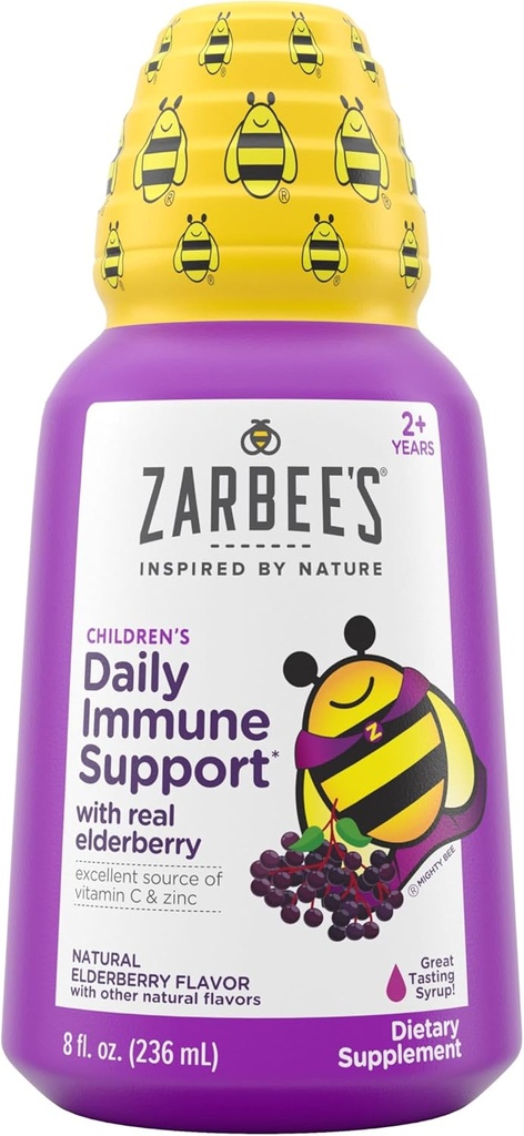 Syrop Elderberry Zarbee dla dzieci, Codzienne wsparcie immunologiczne z witaminą C & Cynk, Suplement płynny dla dzieci, Natural Berry Flavor, 8 fl oz