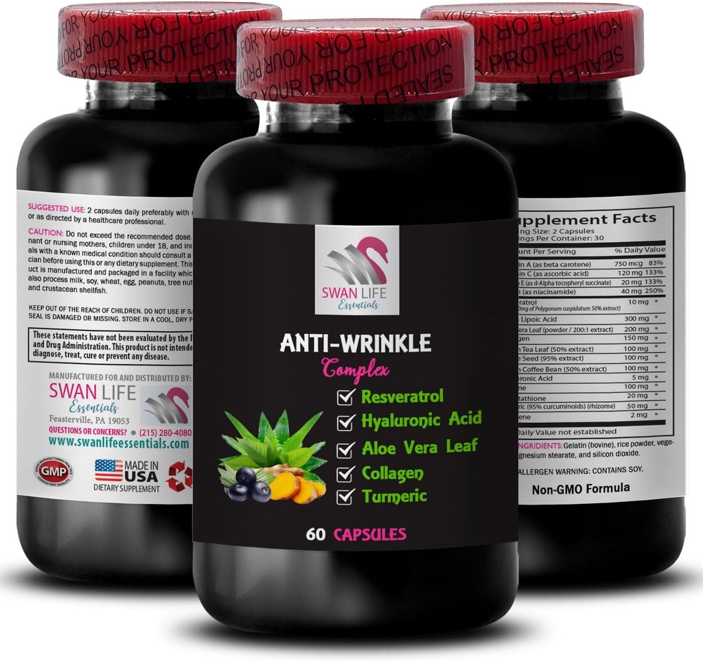 Alpha Lipoic Acid Support - ANTI- WRINKLE COMPLEX - Aloe Vera Leaf Benefits, Colagen Boost, Green Tea Leaf Extract, Grape Seed Power, Green Coffee Bean Benefits, Kwas hialuronowy 1 Butelka 60 Czapki