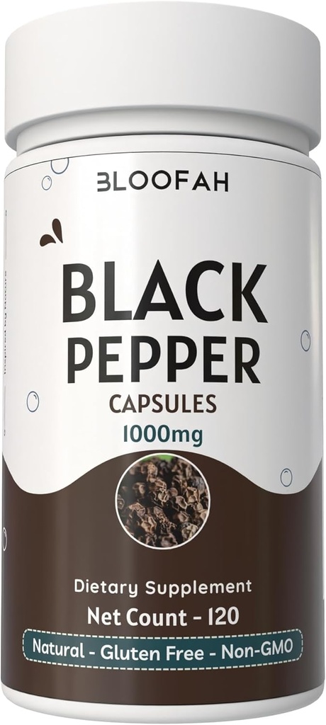 Black Pepper Kapsułki 1000mg Proszek Proszek 124; Piper nigrum 124; Non-GMO, Gluten- Free Glutens 124; Brak sztucznych dodatków 124; GMP- Certified Distribution 124; Suplement ziołowy 124; Tradycyjne Wellness (120 Liczba (1))