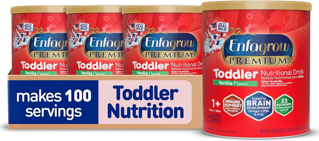 Enfagrow Premium Toddler Drink Nutritional, Vanilla Flavor, Omega-3 DHA for Brain Support, Prebiotyki i witaminy dla zdrowia immunologicznego, Puszka proszkowa, 32 Oz, Opakowanie 4