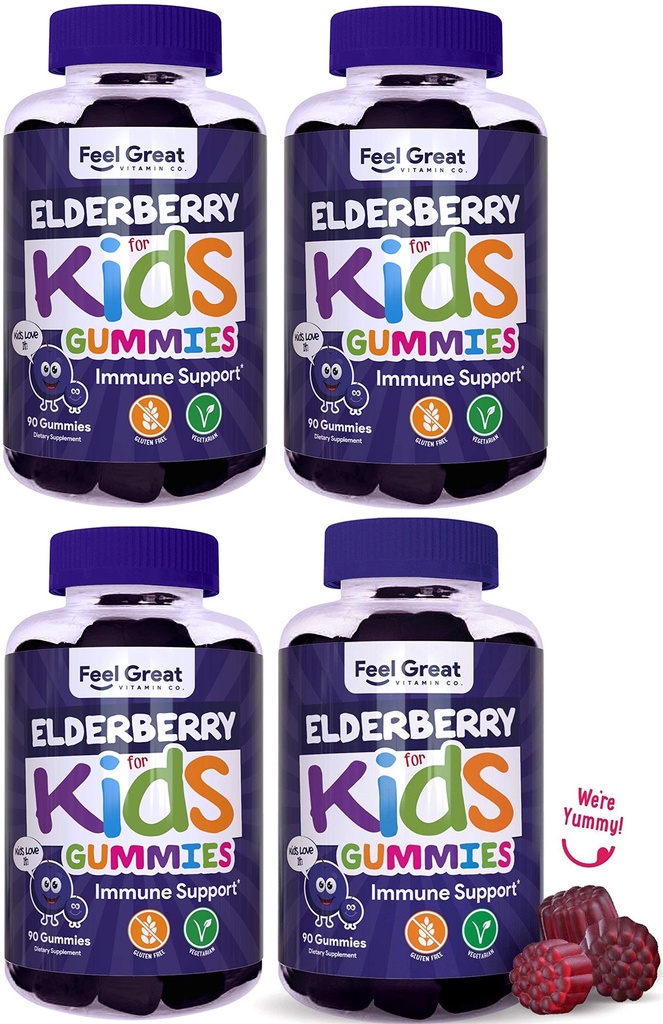 Feel Great Kids Elderberry Gummies z cynku i witaminy C (4- Pack) 124; Kids Immune Support Sambucus Elderberry Gummies is 124; Berry Flavored Vegan Kids Multivitamins