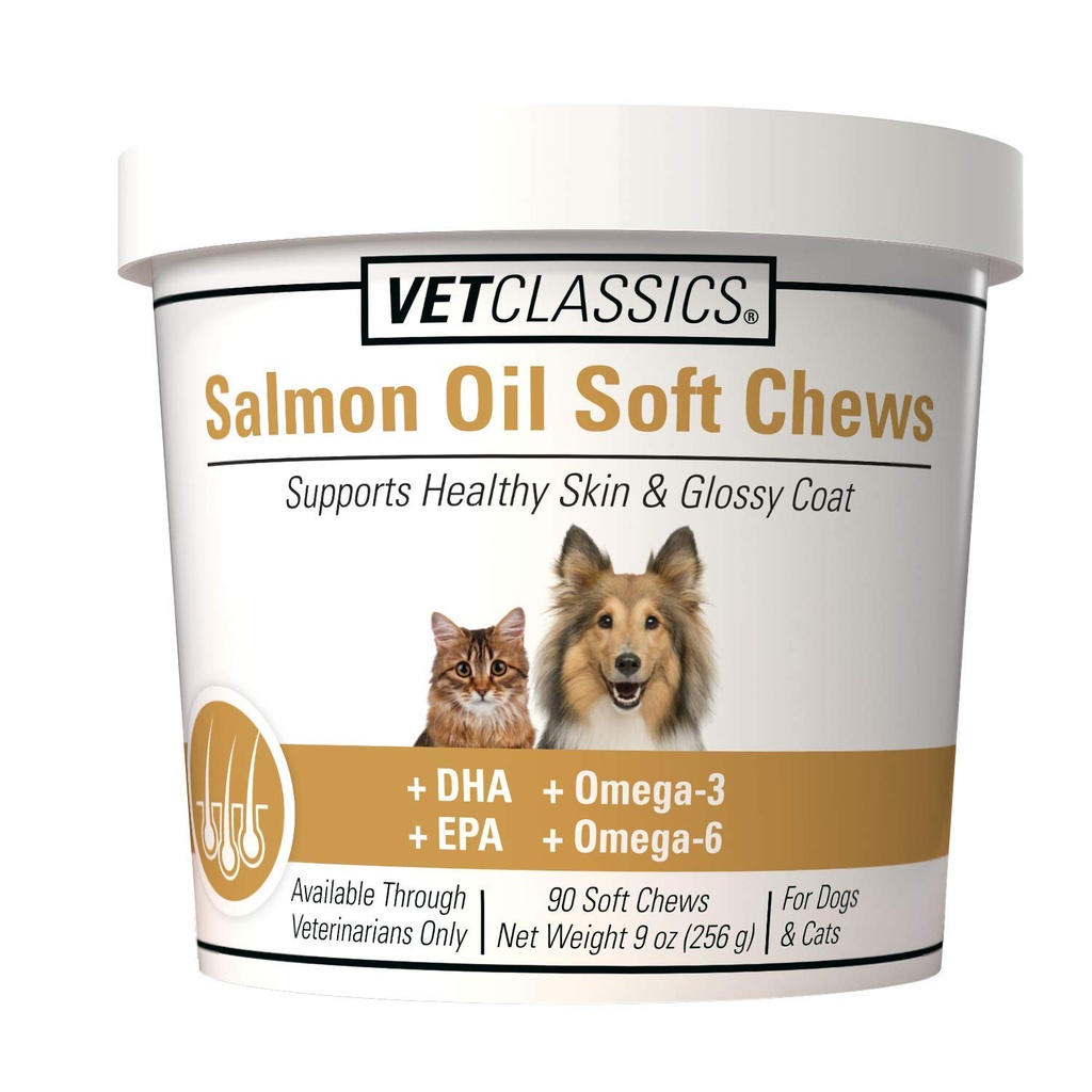 Vet Classics Salmon Oil Pet Supplement for Healthy Skin, Glossy Coats - Dog Coat Supplement, Cat Skin Supplement - Zawiera Omega-3, 6, 9, Źródło DHA, EPA - Soft Chews 90 Ct.