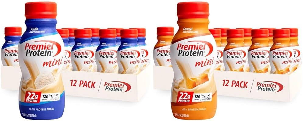 Premier Protein Shake MINIS Vanilla & Karmel Flavors, 22g Protein, 120 Calories, 1g Sugar, 8.75fl oz, Opakowania po 12