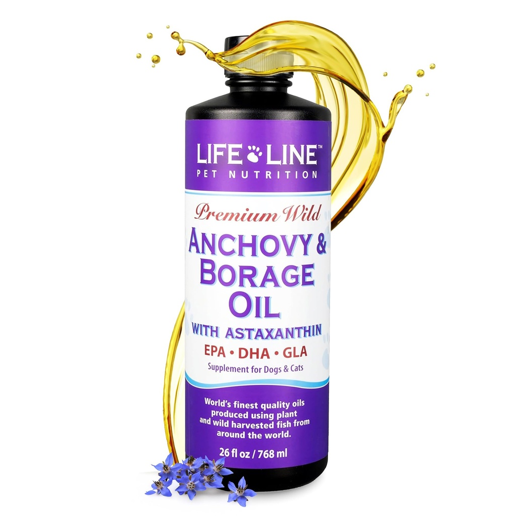 Żywotne dzikie anchovy + Olej z borago dla psów 124; Omega- 6 GLA Suplement dla zdrowia skóry, alergie i płaszcz 124; Redukuje wydzielanie, Swędzenie i zapalenie - 26 oz