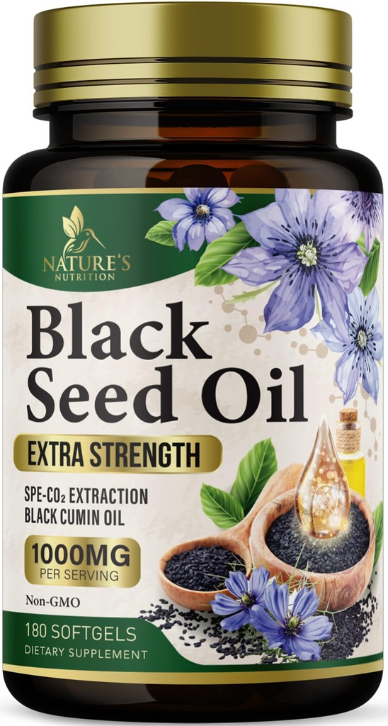 Black Seed Oil Softgels 1000mg - Premium Nigella Sativa Blackseed, Pure Natural Black Cmin Seed Oil & Przeciwutleniacz do skóry i wsparcia immunologicznego - Nie GMO, Butelki w suplemencie USA - 180 Softgels