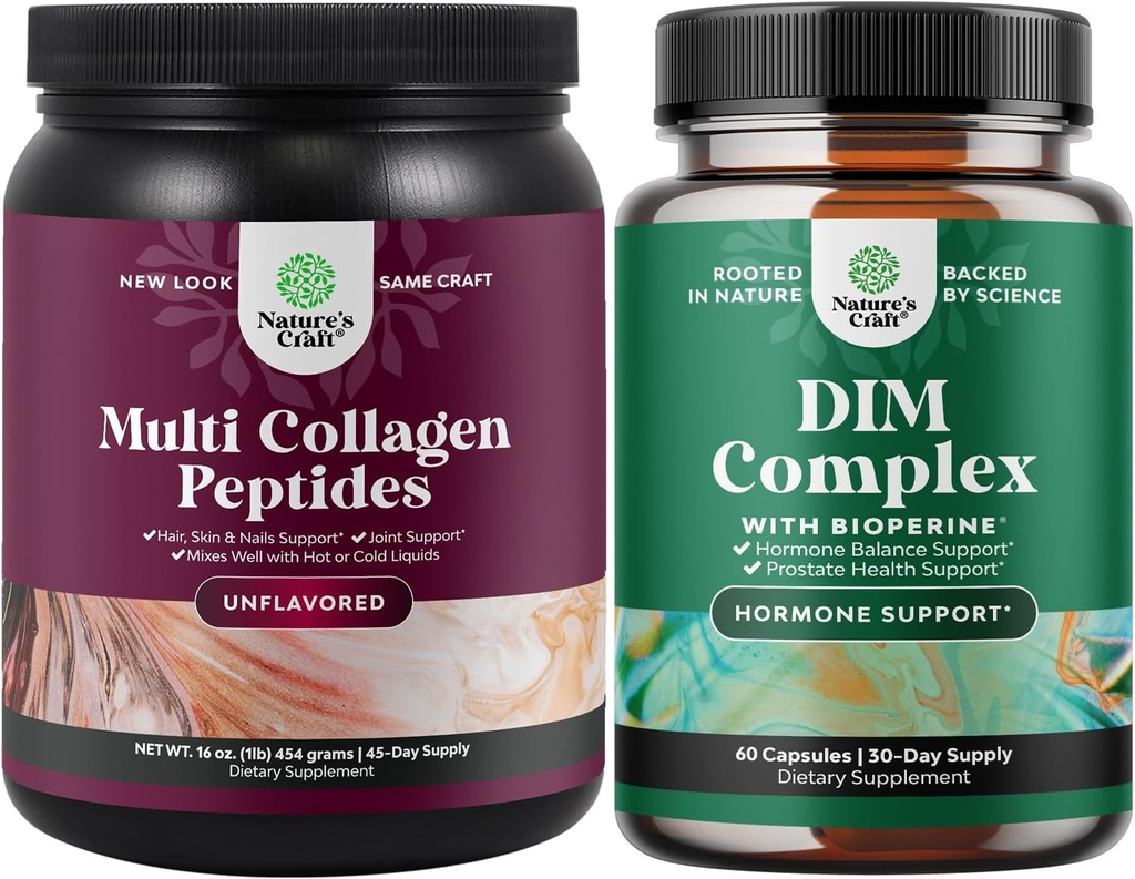 Nature Craft Bundle of Multi Collagen Protein Powder for Women and Men - Hair Skin and Nails Vitamin and DIM Complex Men and Womens Hormon Balance Supplement