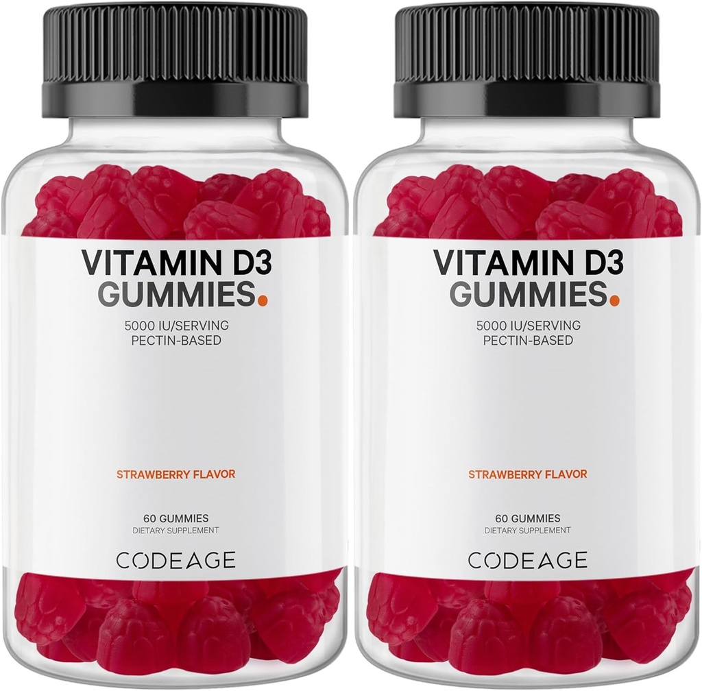 Witamina Codeage D3 Gummy Witaminy, Witamina D3 5000 IU Gumumie Cholekalcyferol 125 mcg, Soft Pectin- Based, Gummy Żelatyna wolna od zwierząt, Gumumie Witaminy, Smaczne truskawki, Nie-GMO - 2- Pack