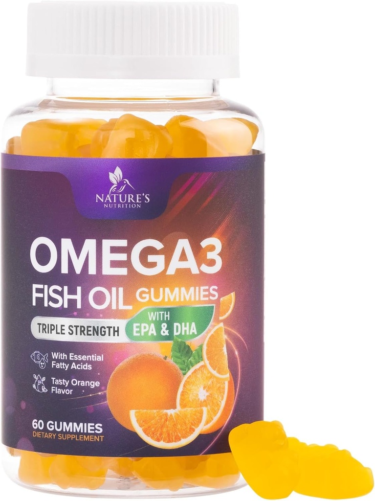 Omega 3 Fish Oil Gummies - Heart Health Support Omega 3 Gummy Supplement for Adults & Kids with High Absorption DHA & EPA, Joint & Brain Support, Delicious Orange Flavor Fish Oil Vitamins, 60 Gummies